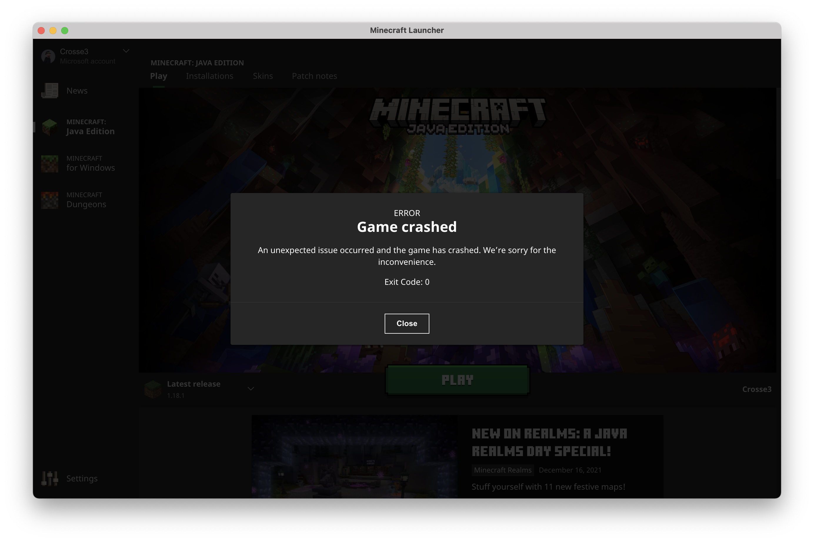 Minecraft launcher crashes on startup with an arm64 Java build