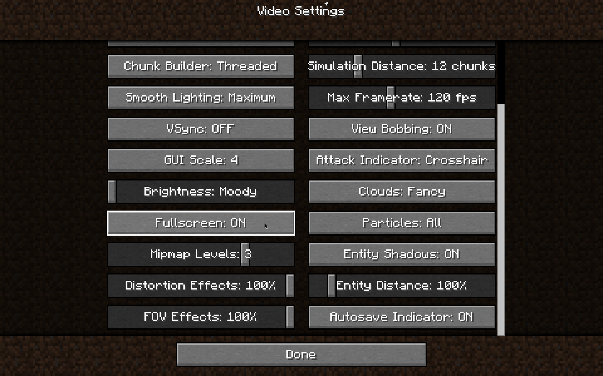 Minecraft video settings showing Fullscreen: ON